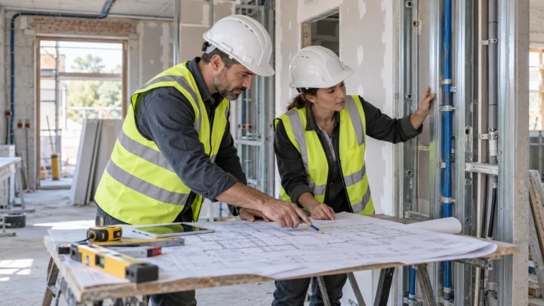Profesionales revisando planos y comprobando una instalación durante una obra de reforma